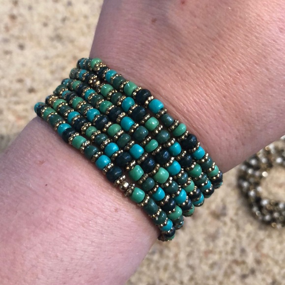 Vintage Stretchy Teal and White/Black Bracelets - Picture 2 of 4